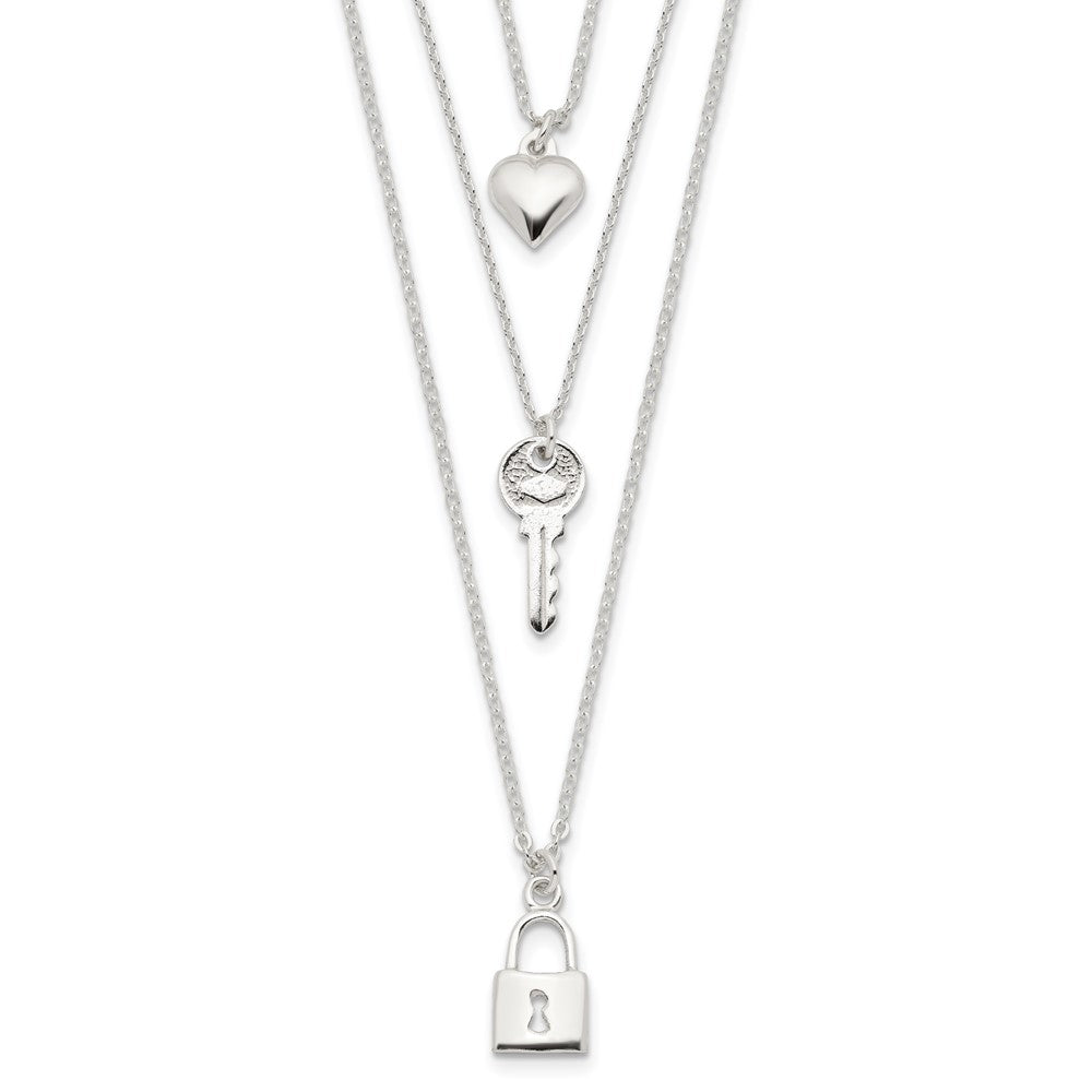 Sterling Silver Lock, Heart and Key Multi-Strand Necklace