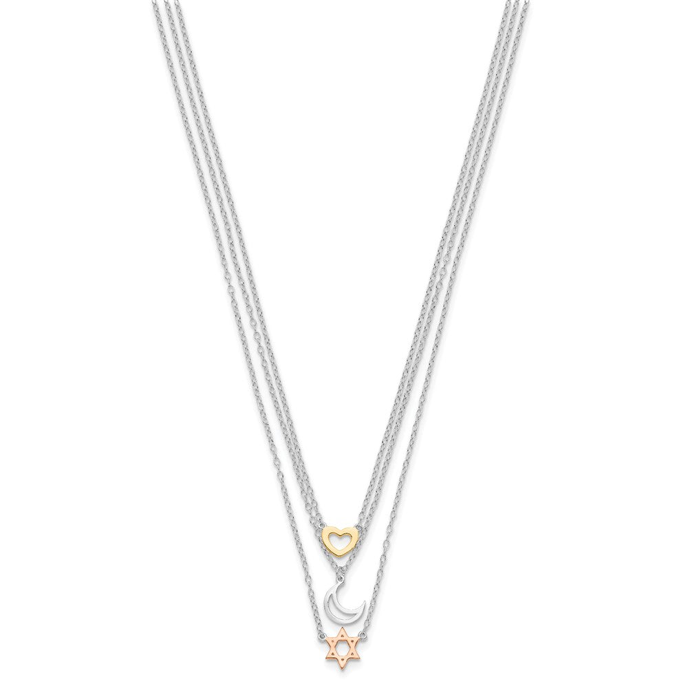 Sterling Silver Rhodium-plated Gold-tone and Rose-plated Heart/Moon/Star of David 3-Strand Necklace