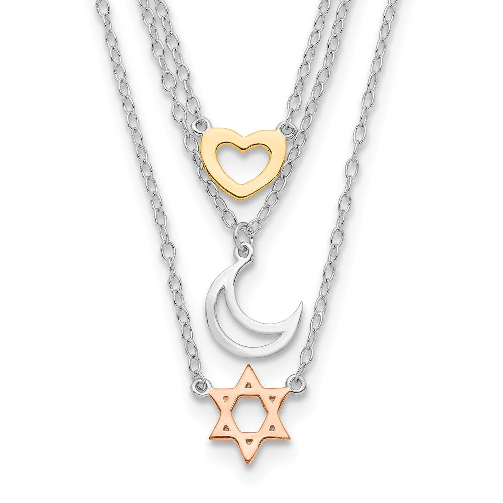 Sterling Silver Rhodium-plated Gold-tone and Rose-plated Heart/Moon/Star of David 3-Strand Necklace