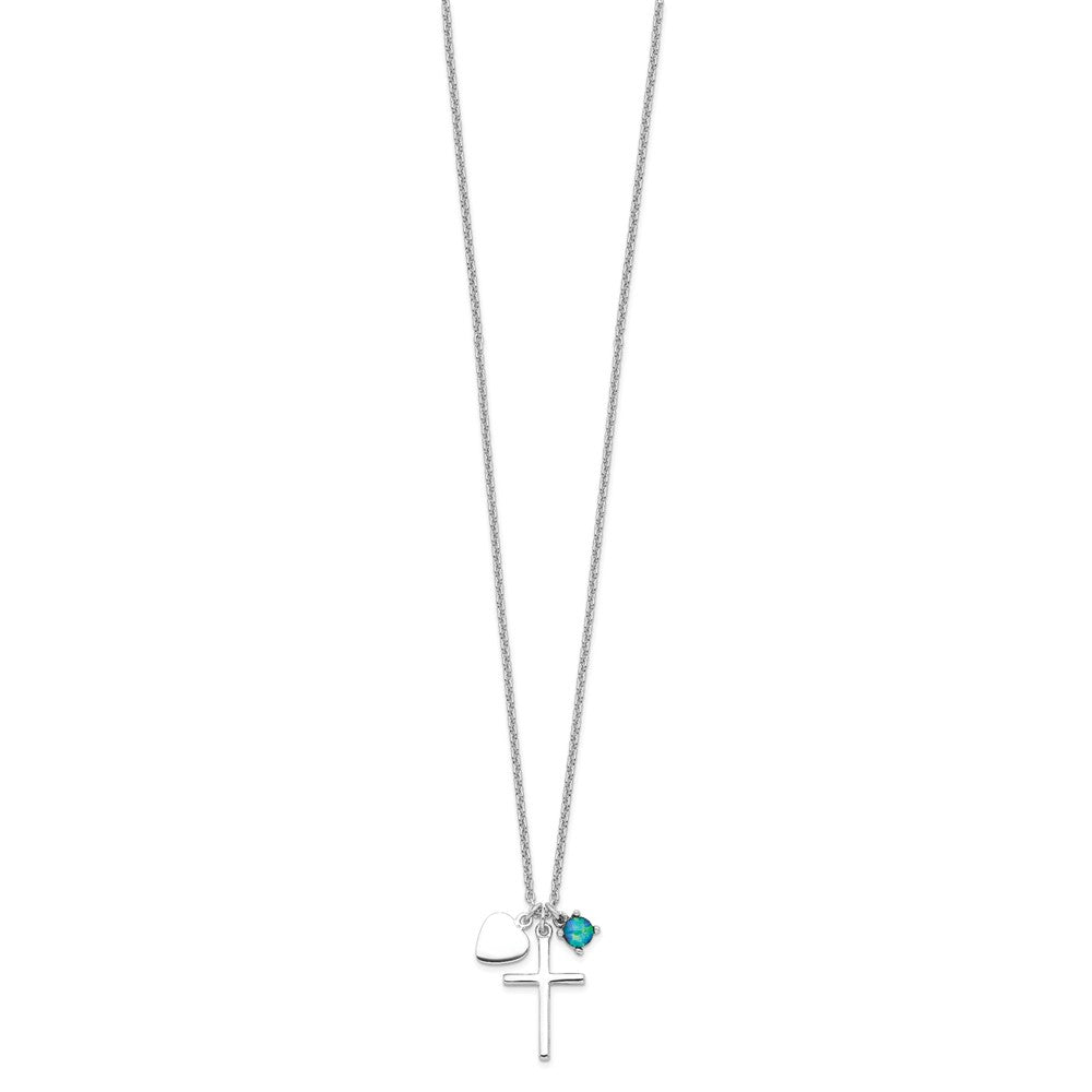 Sterling Silver Rhodium-plated Cross with Lab Created Blue Opal and Heart Necklace