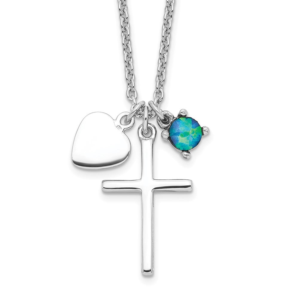 Sterling Silver Rhodium-plated Cross with Lab Created Blue Opal and Heart Necklace