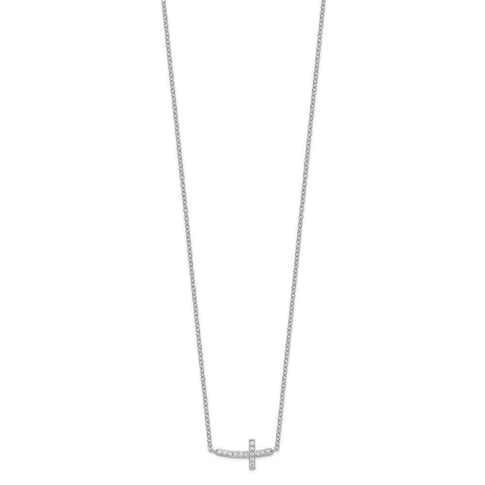 Sterling Silver Rhodium-plated CZ Sideways Cross Necklace with extension