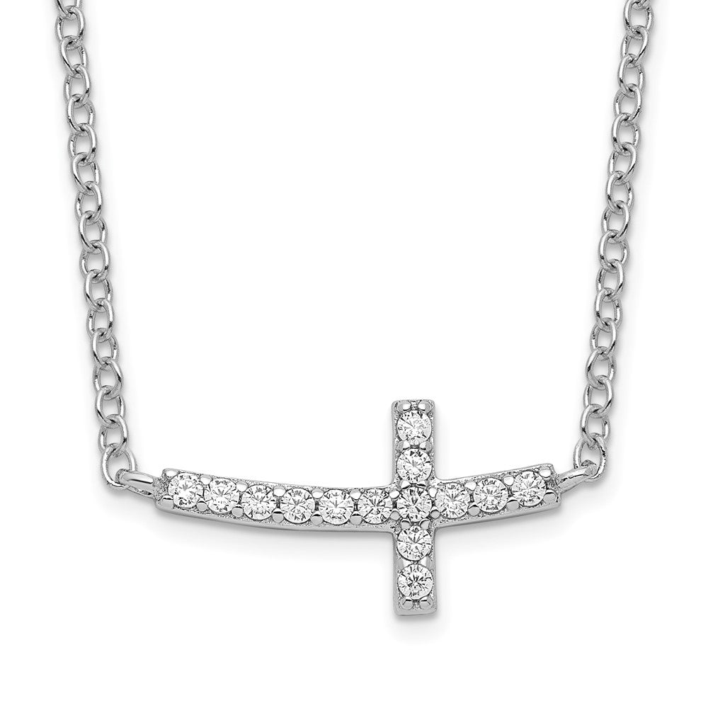 Sterling Silver Rhodium-plated CZ Sideways Cross Necklace with extension