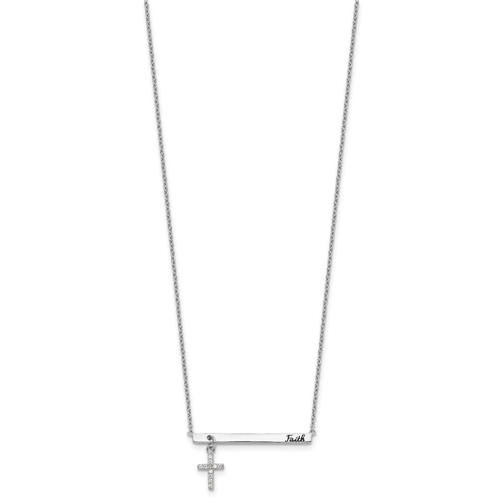 Sterling Silver Rhodium-plated CZ Cross Black Enamel FAITH with Extension Bar Necklace