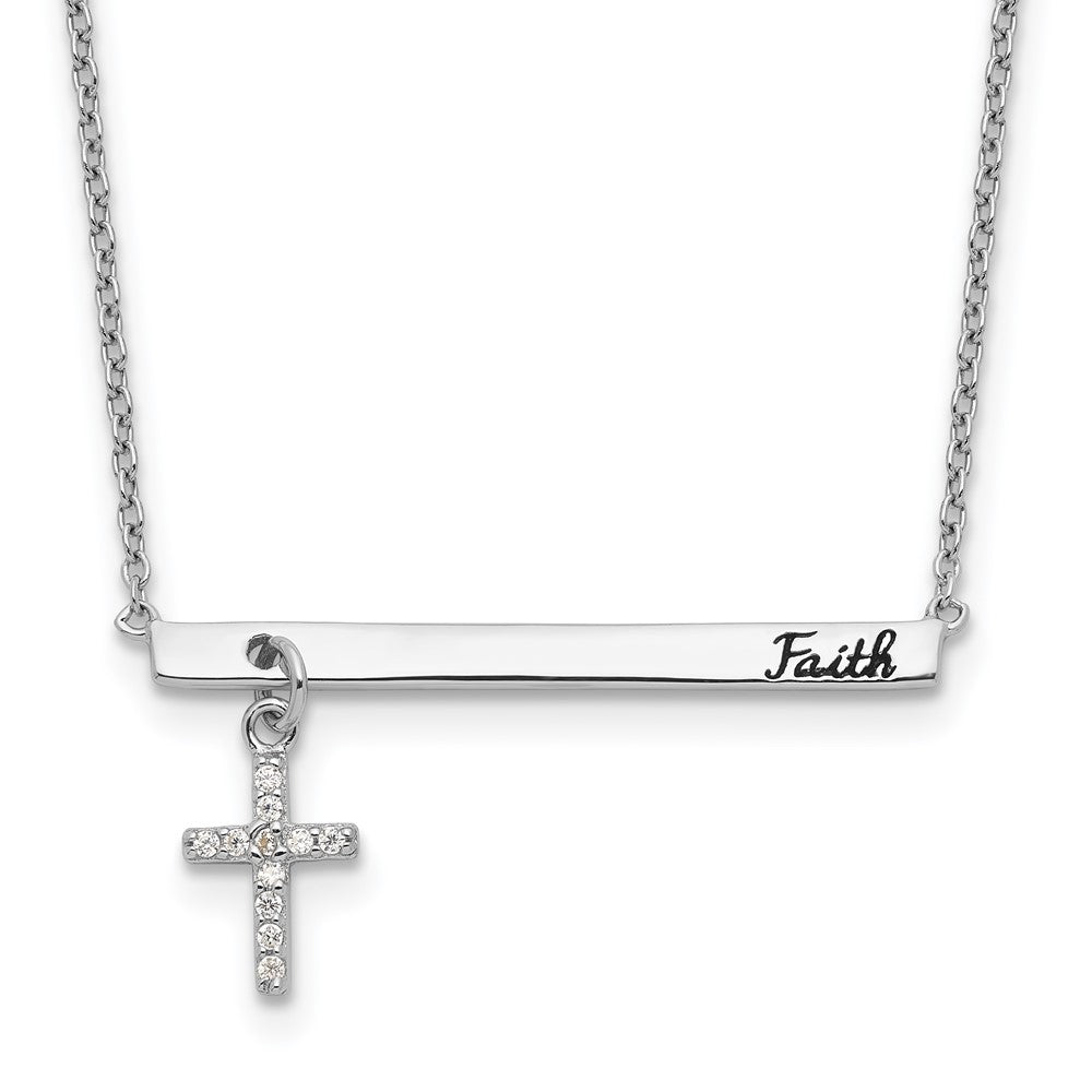 Sterling Silver Rhodium-plated CZ Cross Black Enamel FAITH with Extension Bar Necklace