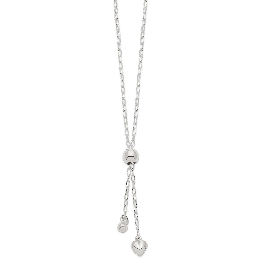 Sterling Silver Polished Long Cable Link with Bead and Puffed Heart Dangle Adjustable Lariat Necklace
