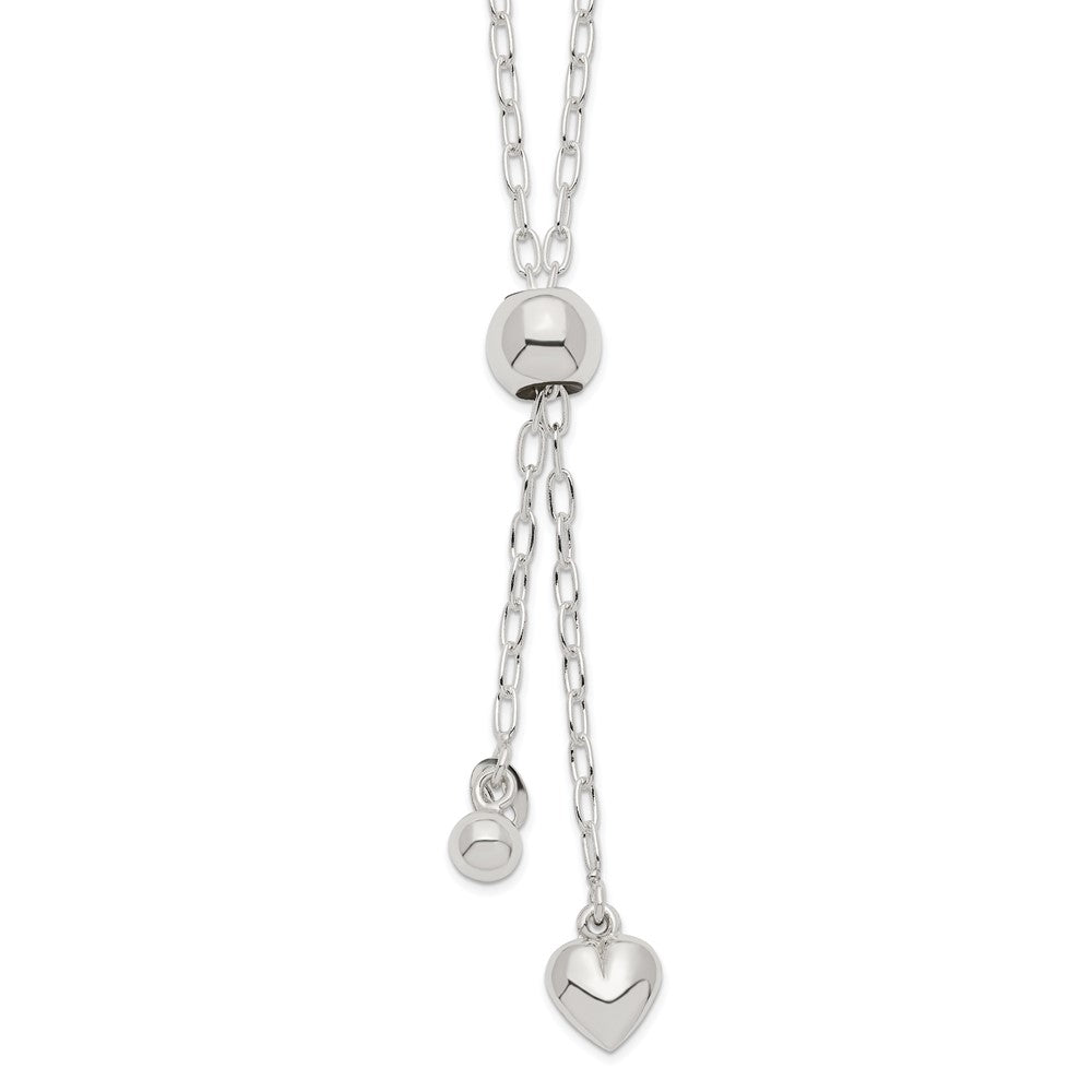 Sterling Silver Polished Long Cable Link with Bead and Puffed Heart Dangle Adjustable Lariat Necklace