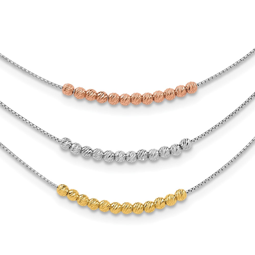 Sterling Silver Rhodium-plated Gold-tone and Rose-tone Diamond-cut Beaded 3-Strand Necklace