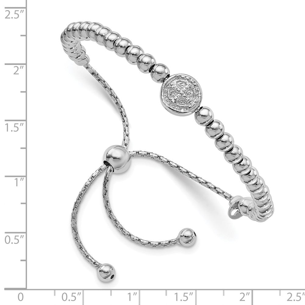 Sterling Silver Rhodium-plated Beaded Saint Medal to Adjustable Bolo Bracelet