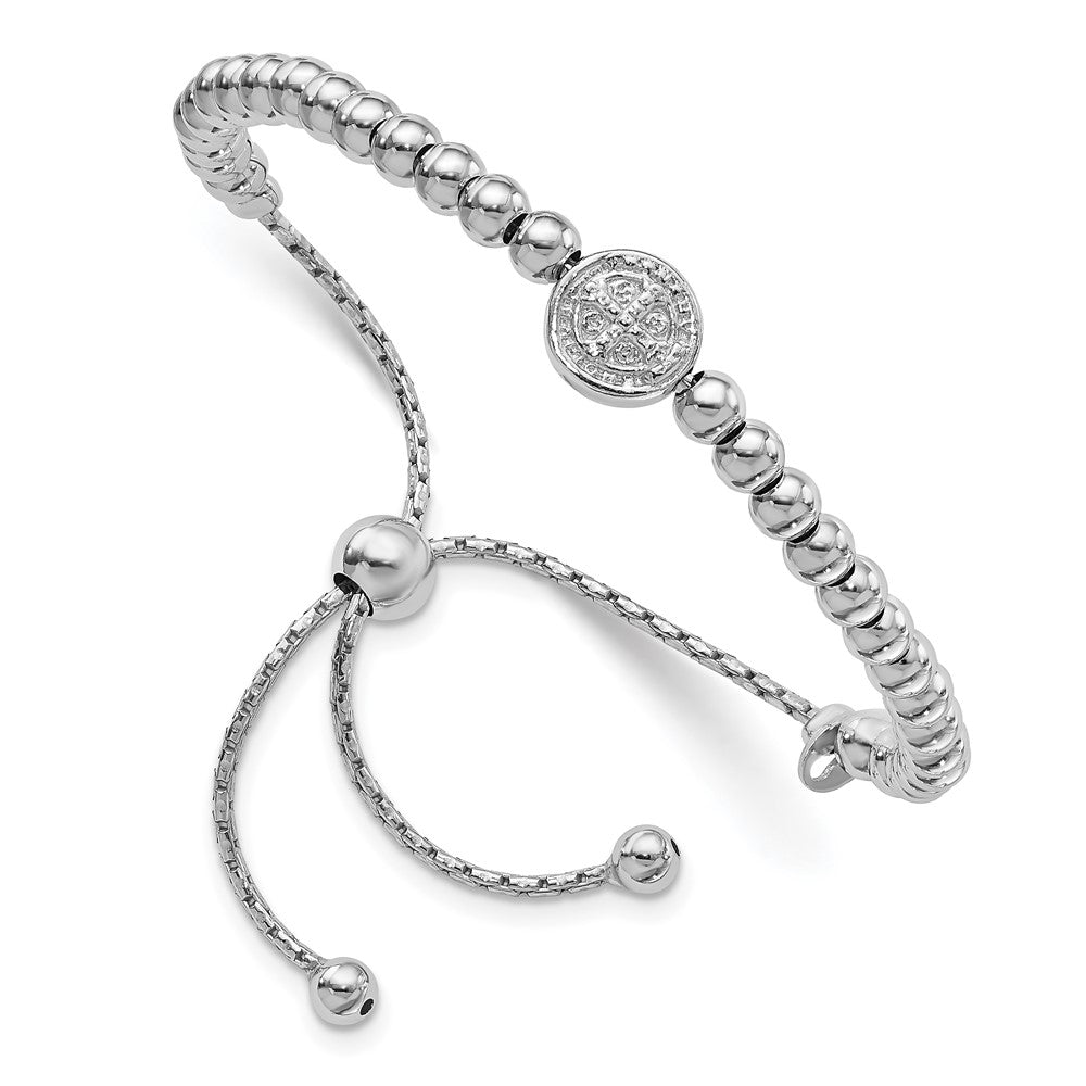 Sterling Silver Rhodium-plated Beaded Saint Medal to Adjustable Bolo Bracelet