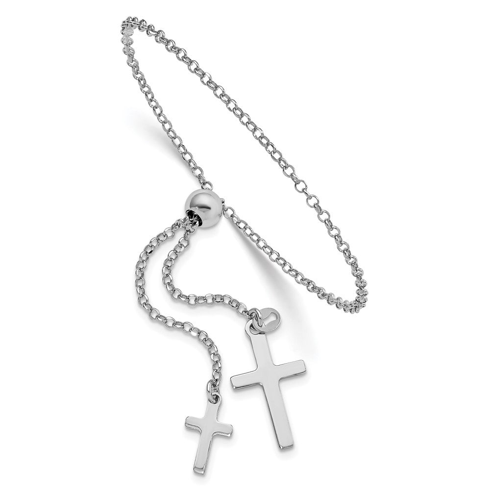 Sterling Silver Rhodium-plated Two Cross to Adjustable Bolo Bracelet