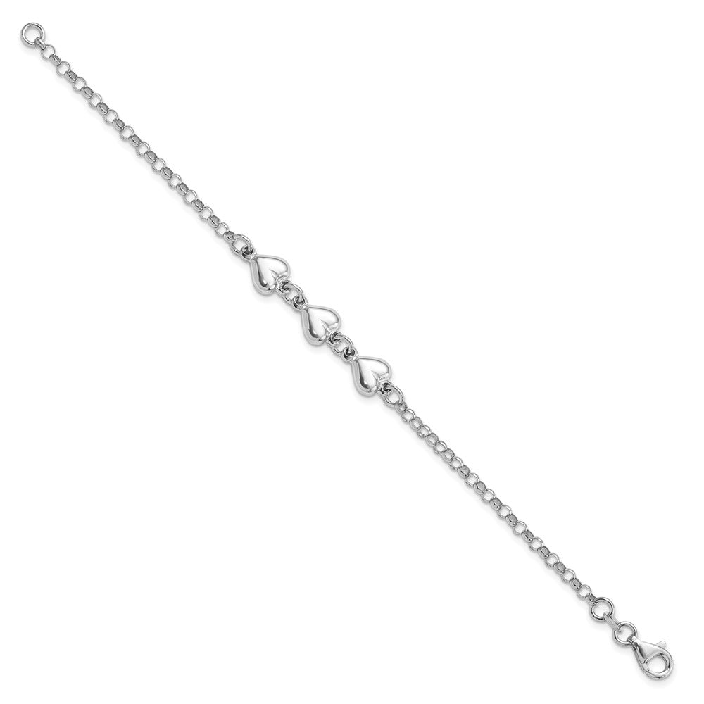 Sterling Silver Rhodium-plated Polished Triple Puffed Heart Bracelet