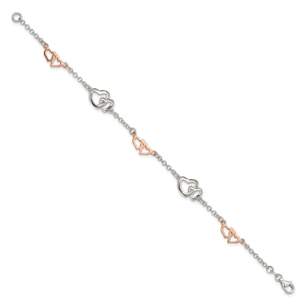 Sterling Silver Rose Gold-plated Polished Hearts Bracelet