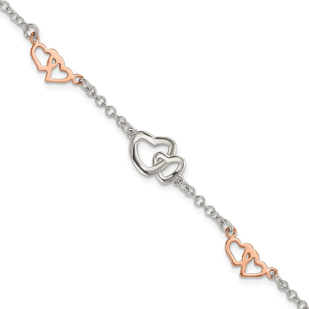Sterling Silver Rose Gold-plated Polished Hearts Bracelet