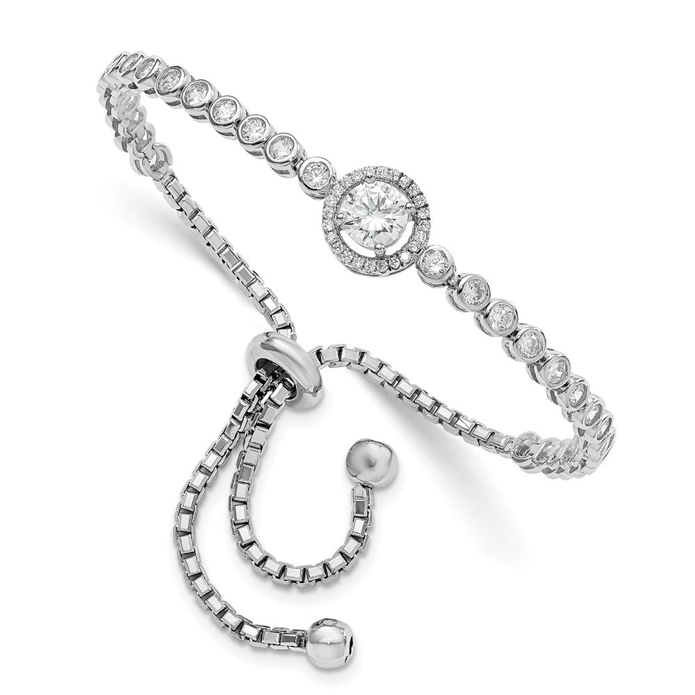 Sterling Silver Rhodium-plated Bezel-set and Halo CZ Adjustable Bolo Bracelet