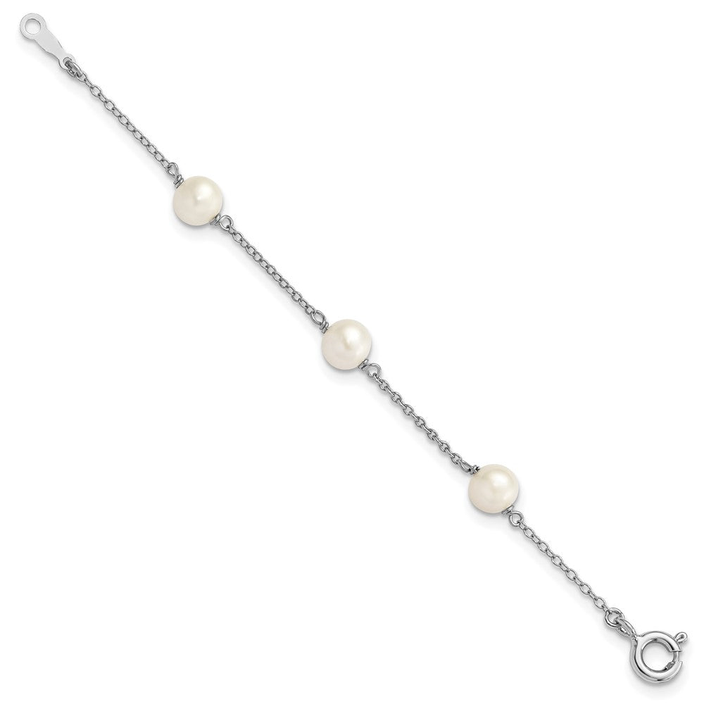 Sterling Silver Rhodium-plated 5- White Semi-Round Freshwater Cultured Pearl 3-Station Children's Bracelet