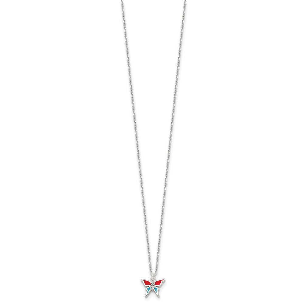 Sterling Silver Polished Red and Blue Enameled CZ Butterfly Children's Necklace