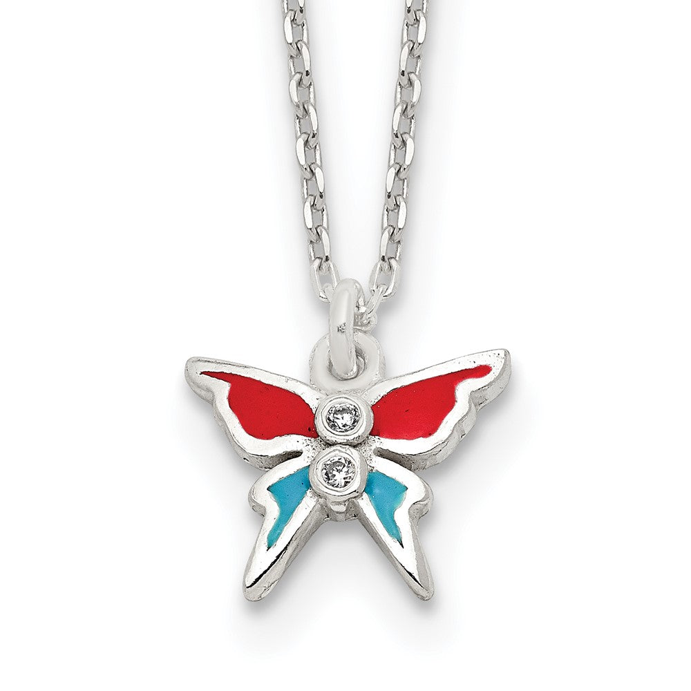 Sterling Silver Polished Red and Blue Enameled CZ Butterfly Children's Necklace