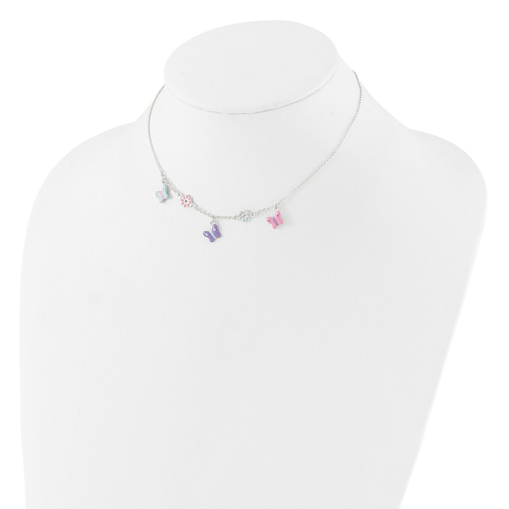 Sterling Silver Polished Multi-color Enameled Floral and Butterfly 14 Inch Necklace