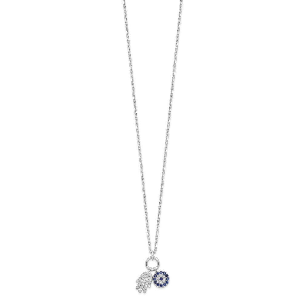 Sterling Silver Rhod-plated CZ Eye and Hamsa Charm Necklace