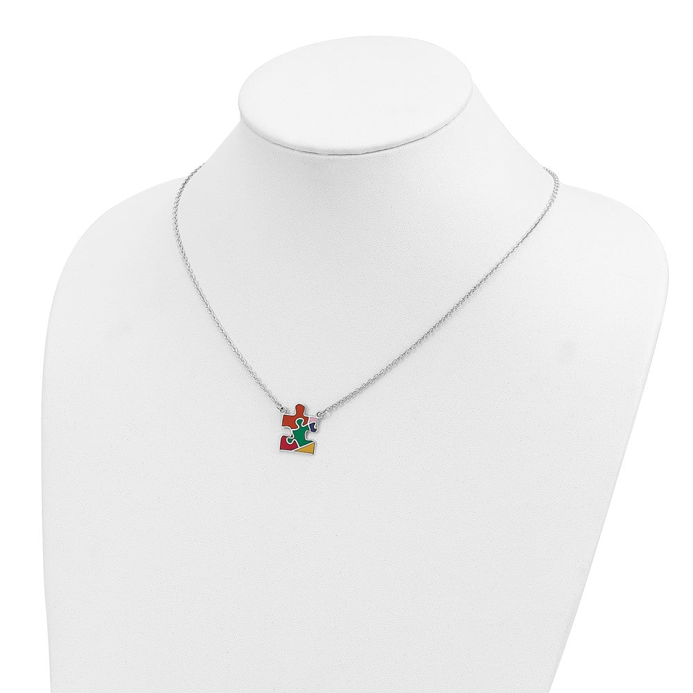 Sterling Silver Rhodium-plated Multi-color Enameled Autism Puzzle Piece Necklace