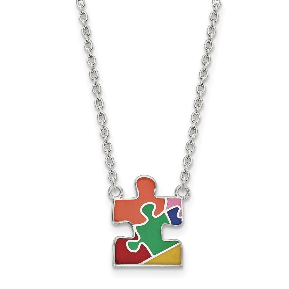 Sterling Silver Rhodium-plated Multi-color Enameled Autism Puzzle Piece Necklace