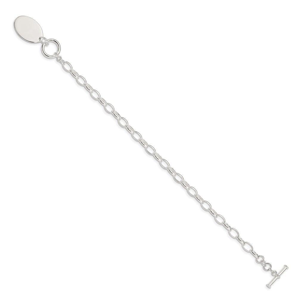 Sterling Silver Rhodium-plated Engravable 21x Oval Disc Cable Link Toggle Bracelet