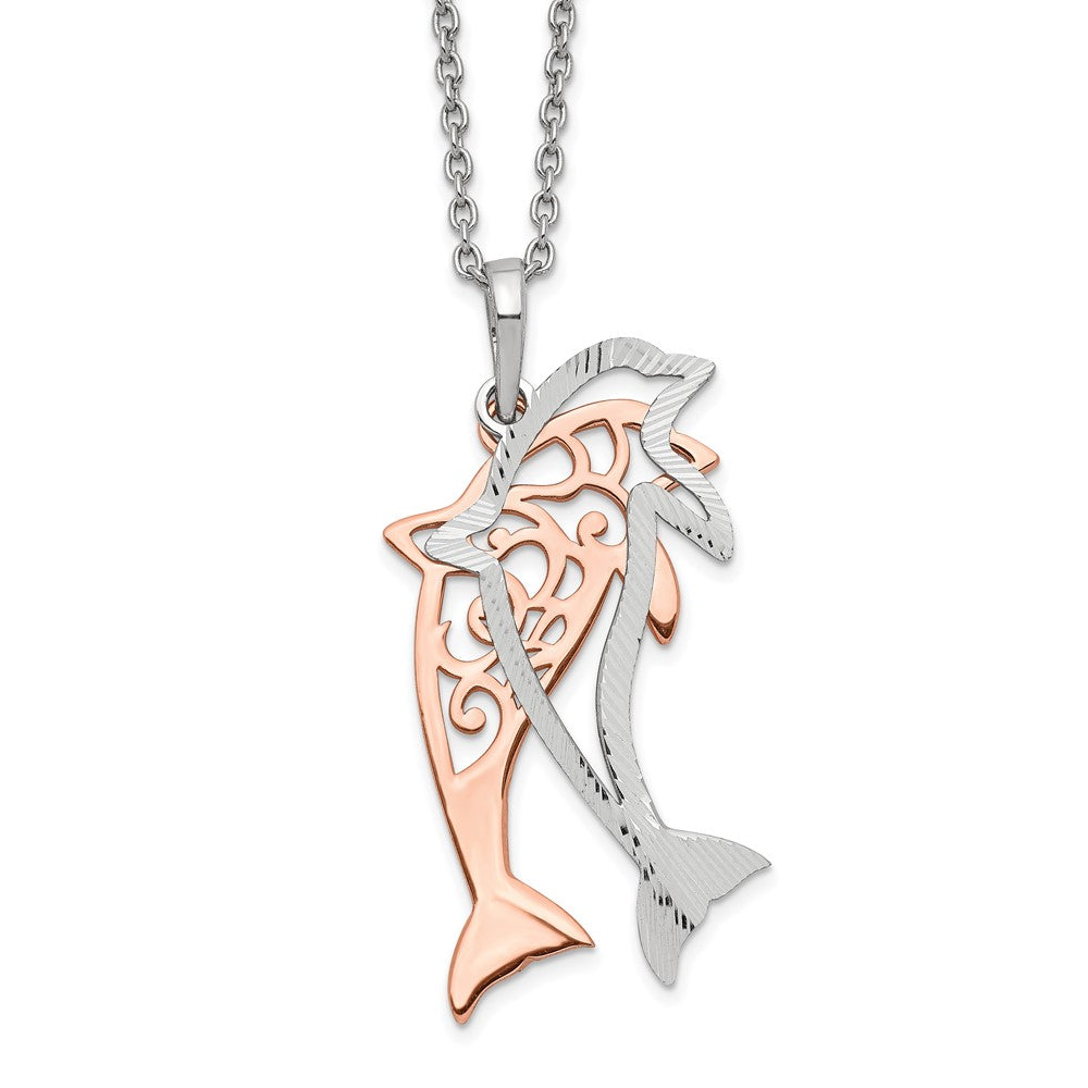 Sterling Silver Rose-tone Diamond-cut Dolphin w/ ext. Necklace