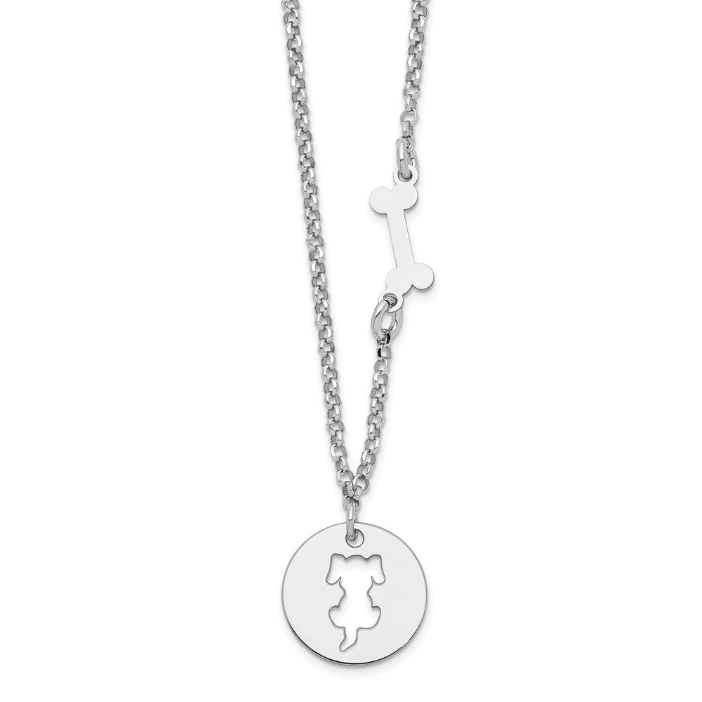 Sterling Silver Rhodium-plated Puppy and Bone with Extension Necklace