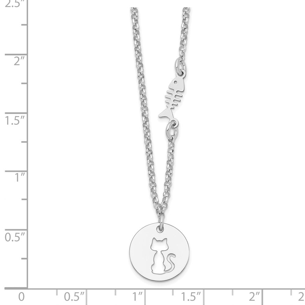 Sterling Silver Rhodium-plated Kitty and Fish with Extension Necklace