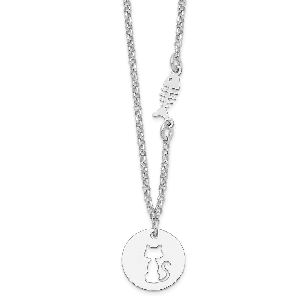 Sterling Silver Rhodium-plated Kitty and Fish w/ Ext Necklace