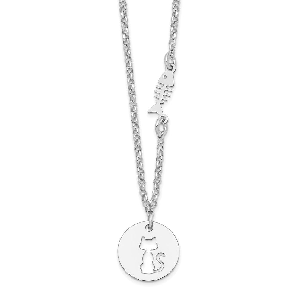 Sterling Silver Rhodium-plated Kitty and Fish with Extension Necklace