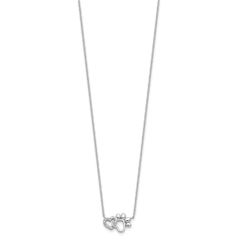 Sterling Silver Rhodium-plated CZ Heart and Pawprint with Extension Necklace