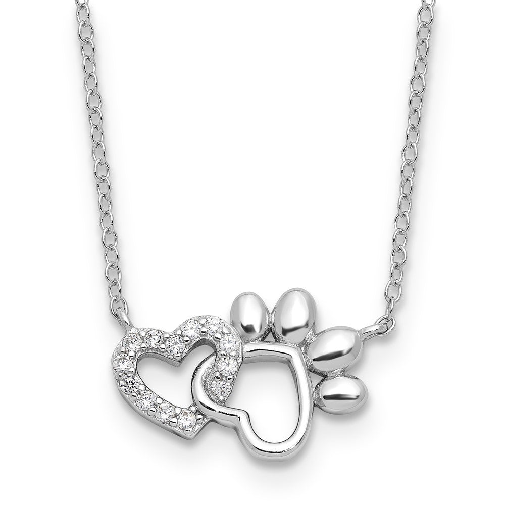 Sterling Silver RH-plated CZ Heart and Pawprint w/ ext Necklace