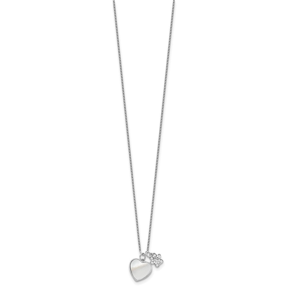 Sterling Silver Rhodium-plated Mother of Pearl and CZ Pawprint in Heart with Extension Necklace
