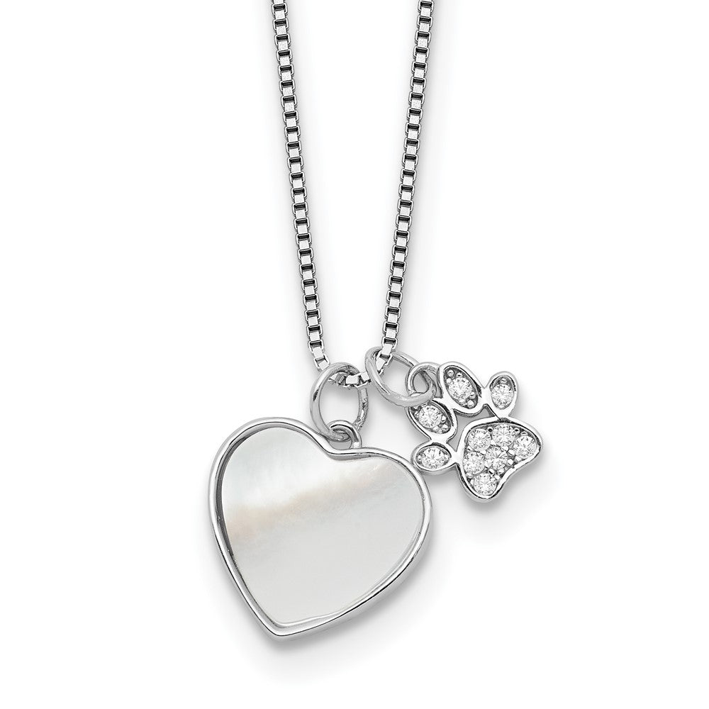 Sterling Silver Rhodium-plated Mother of Pearl and CZ Pawprint in Heart with Extension Necklace