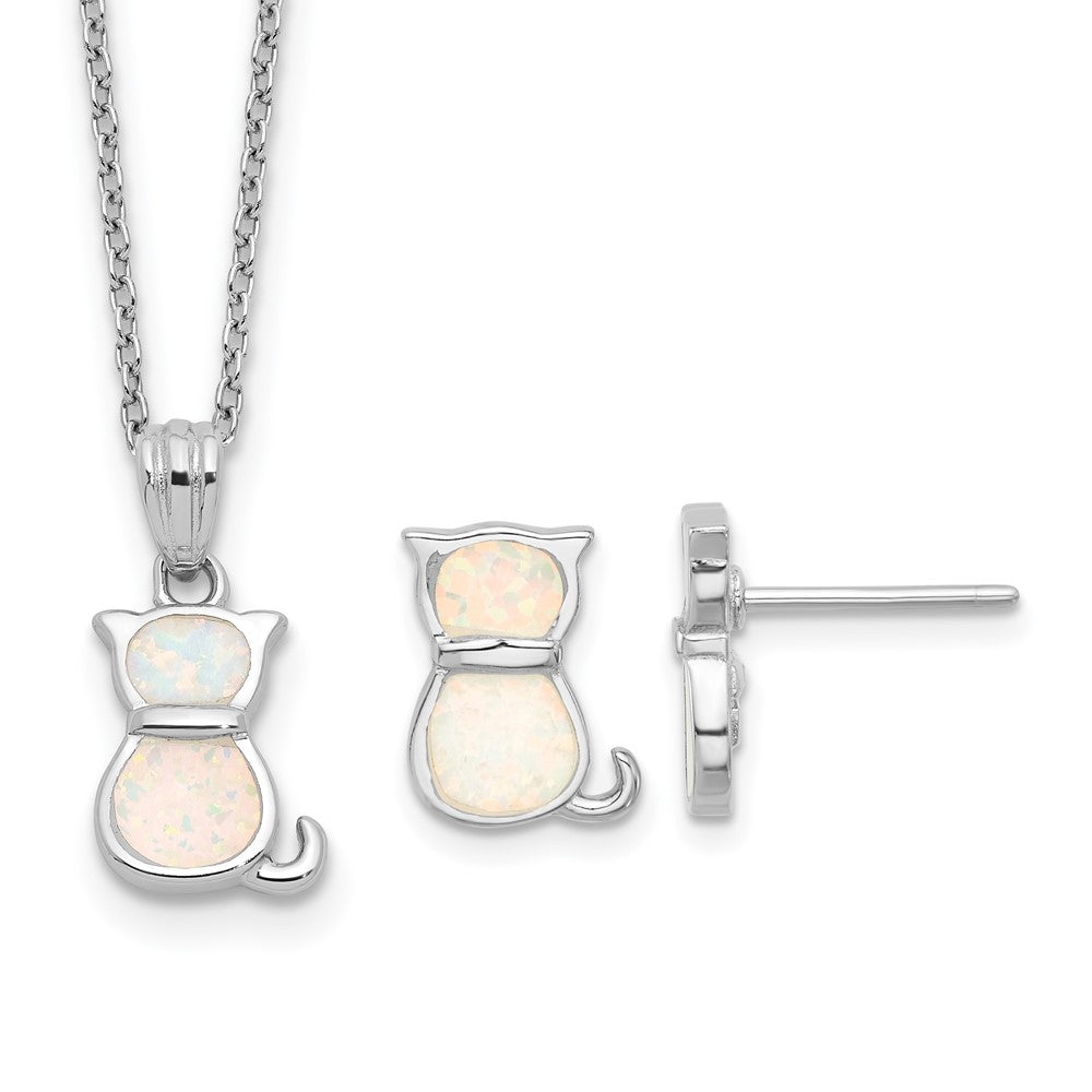 Sterling Silver RH-pl Cr.Opal Cat 16in Necklace w/1.75 ext/Earring Set