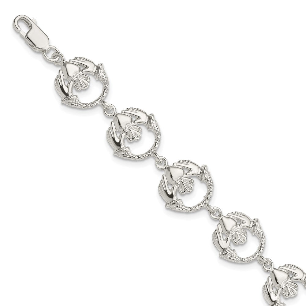 Sterling Silver Polished and Textured Claddagh Link Bracelet