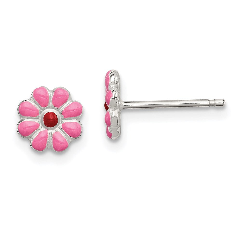Sterling Silver Madi K Polished Pink & Red Enameled Flower Children's Post Earrings