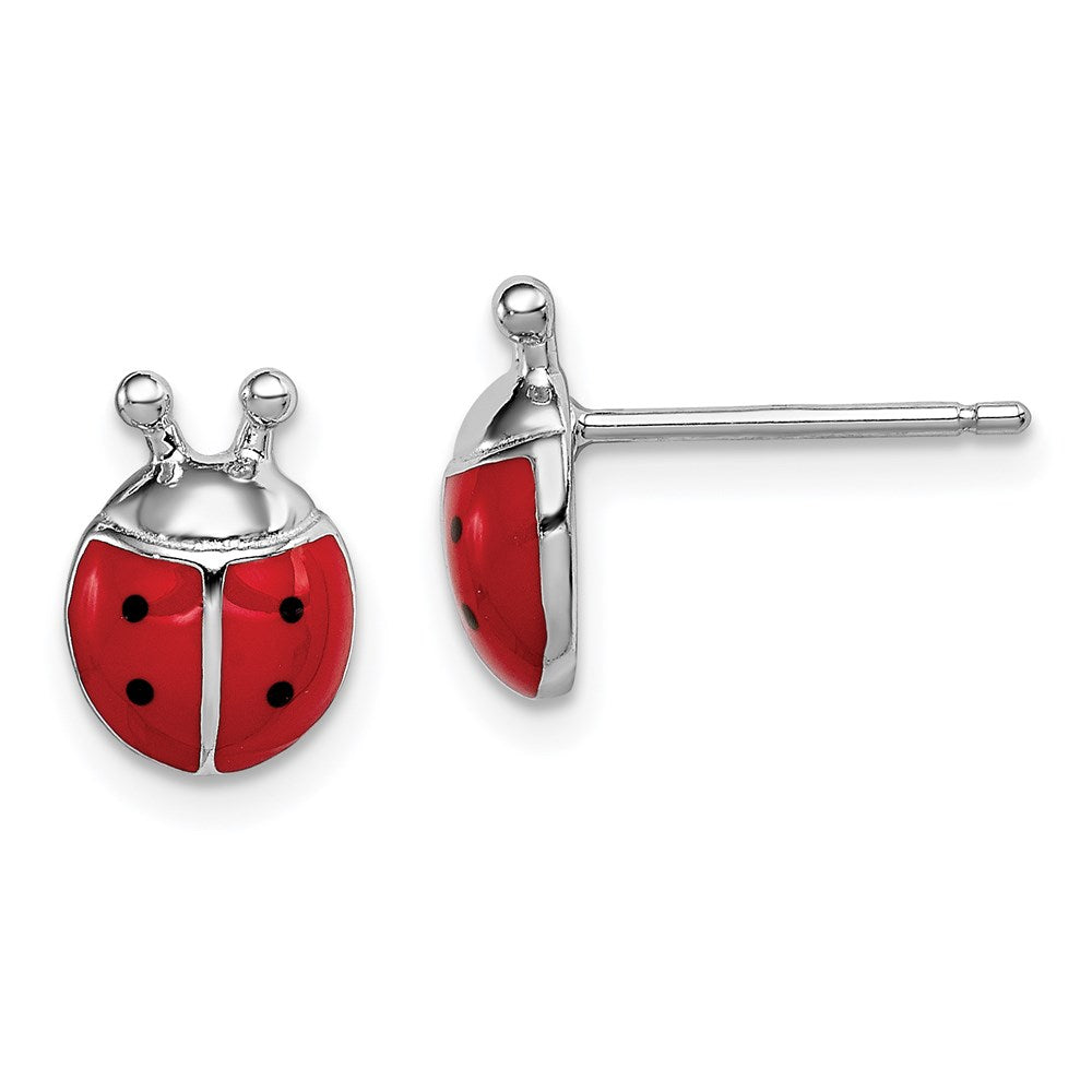 Sterling Silver Rhodium-plated Madi K Polished Red & Black Enameled Ladybug Children's Post Earrings