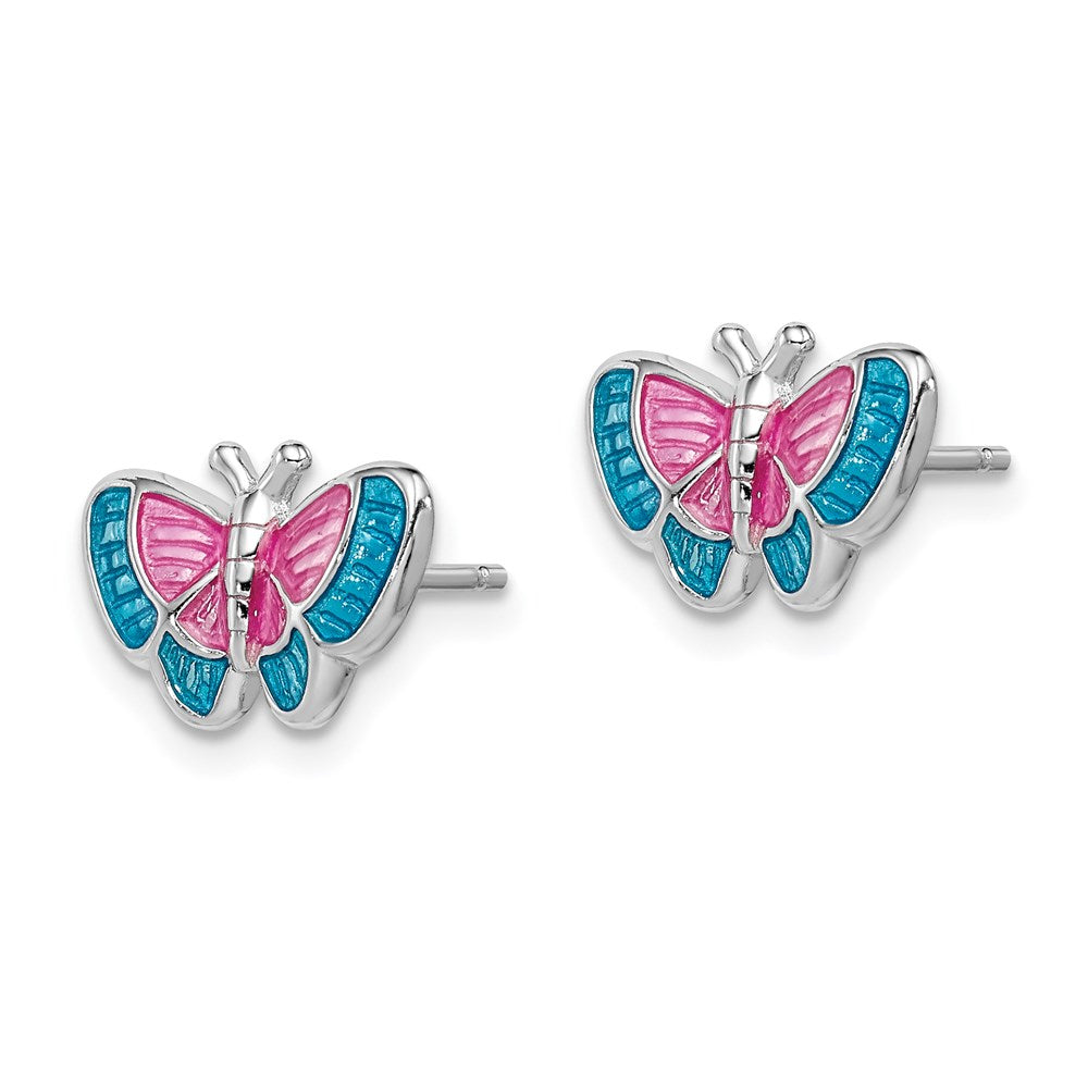 Sterling Silver Rhodium-plated Madi K Polished Pink & Blue Enameled Butterfly Post Earrings