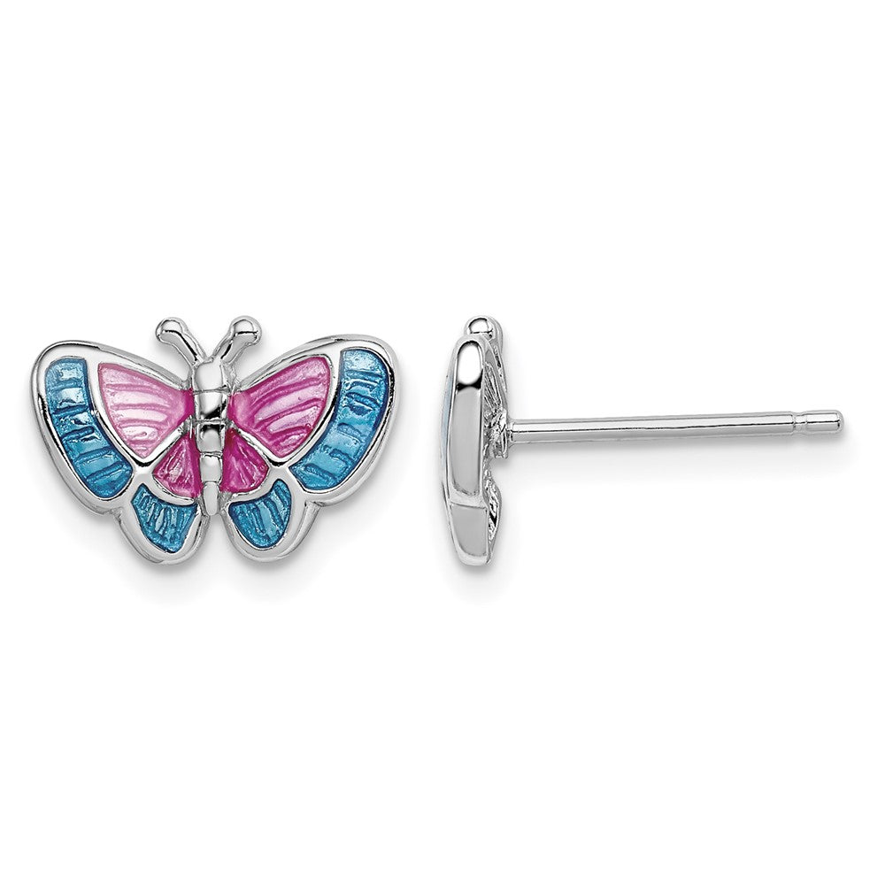 Sterling Silver Rhodium-plated Madi K Polished Pink & Blue Enameled Butterfly Post Earrings