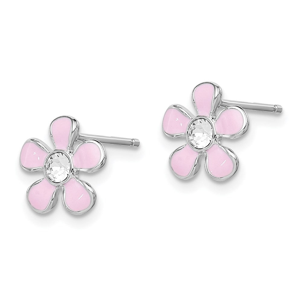 Sterling Silver Madi K Rhodium-plated Polished Pink Enamel & Crystal Flower Post Earrings