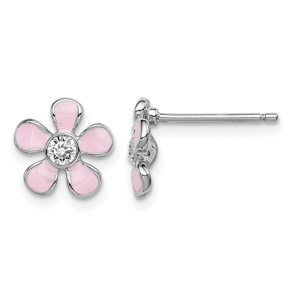 Sterling Silver Madi K Rhodium-plated Polished Pink Enamel & Crystal Flower Post Earrings