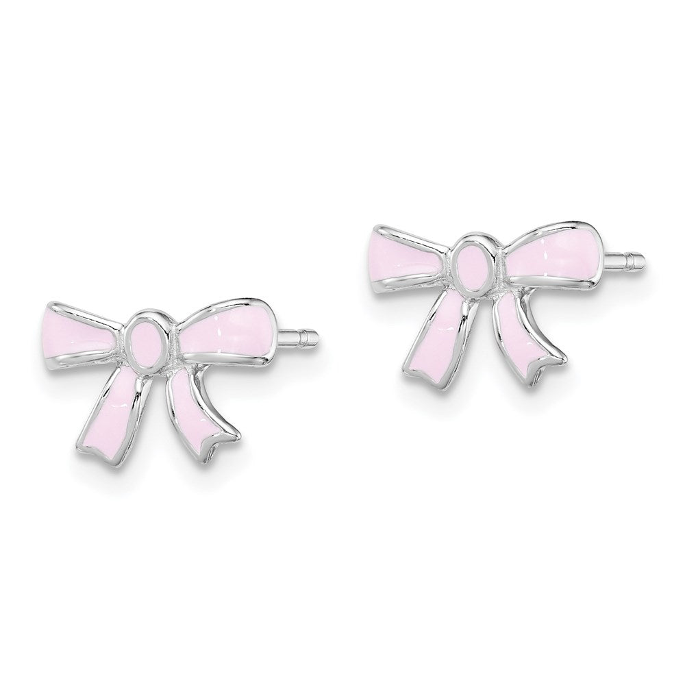 Sterling Silver Madi K Rhodium-plated Pink Enamel Bow Post Earrings
