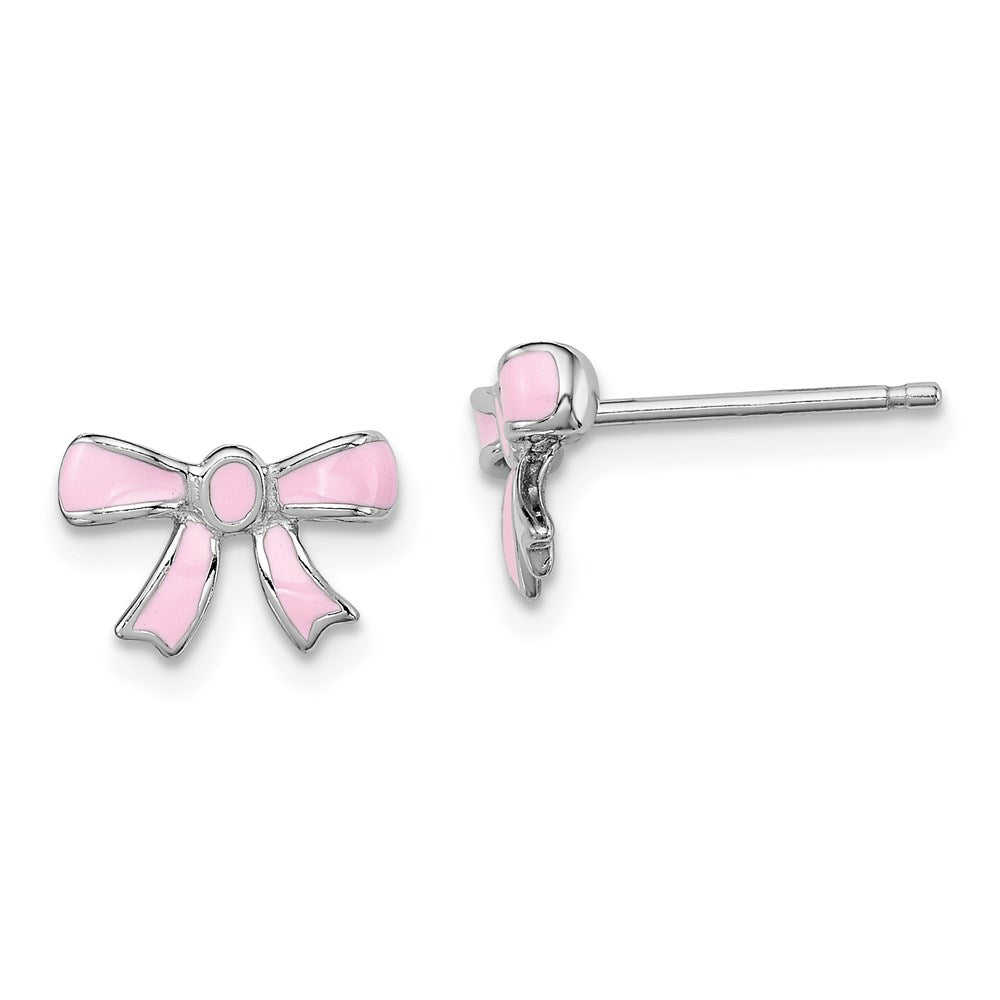 Sterling Silver Madi K Rhodium-plated Pink Enamel Bow Children's Post Earrings