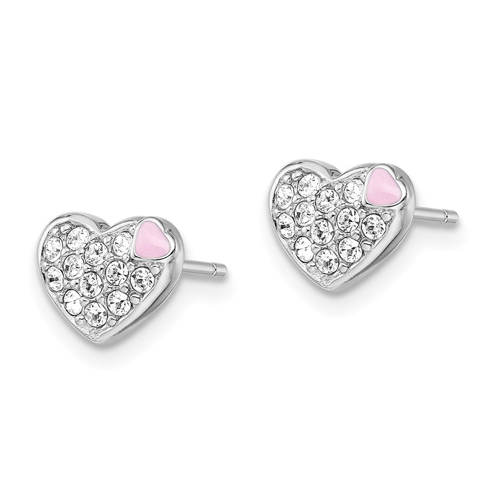 Sterling Silver Madi K Rhodium-plated Pink Enamel & Crystal Heart Post Earrings