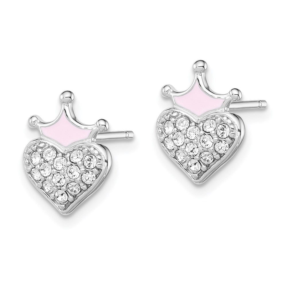 Sterling Silver Madi K Rhodium-plated Polished Pink Enamel Crown & Crystal Heart Post Earrings