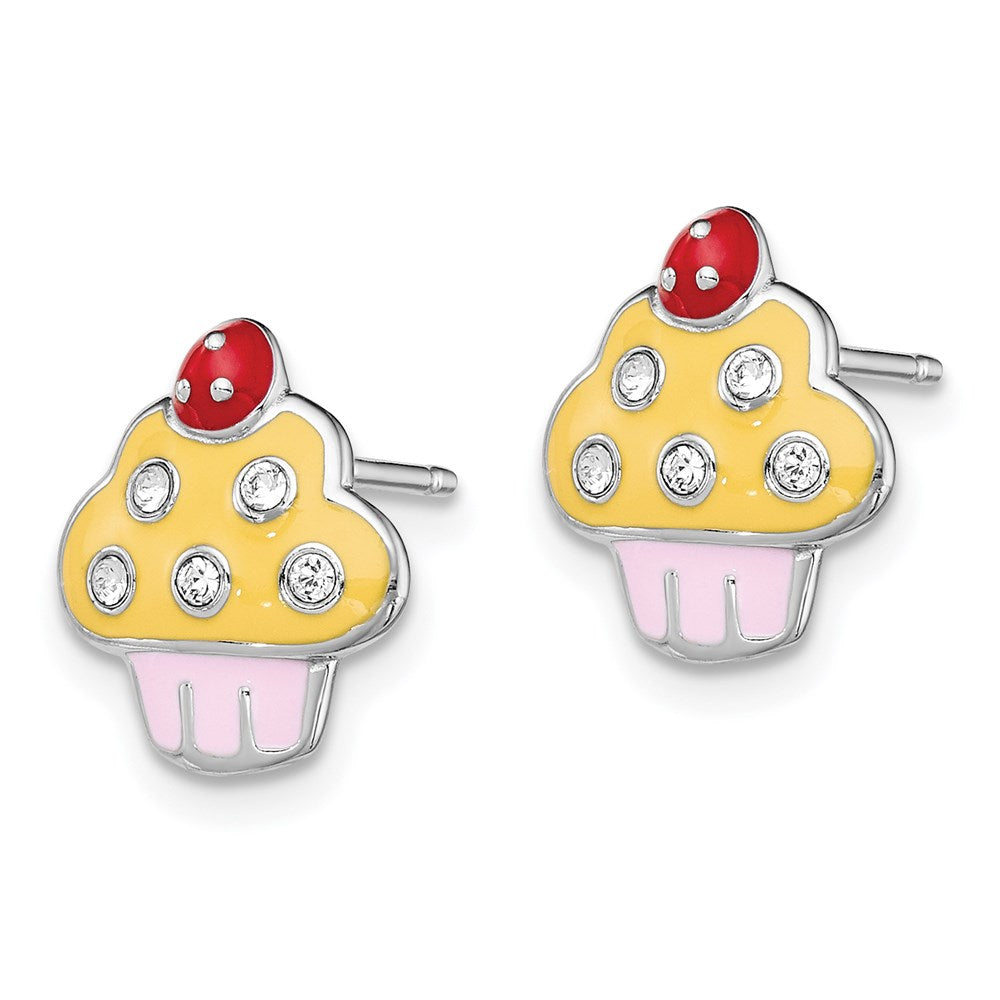 Sterling Silver Madi K Rhodium-plated Polished Multi-color Enameled & Crystal Cupcake Children's Post Earrings