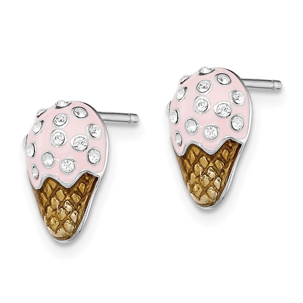 Sterling Silver Madi K Rhodium-plated Polished Enameled Pink & Brown with Crystal Accent Ice Cream Cone Post Earrings